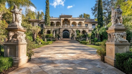 Obraz premium Opulent European mansion with a grandiose copy floor and a driveway lined with ancient statues.