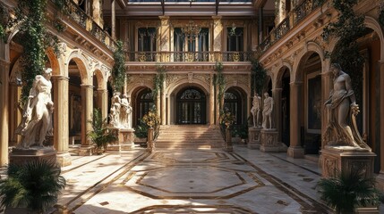 Fototapeta premium Opulent European mansion with a grandiose copy floor and a driveway lined with ancient statues.