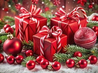 Joyous Christmas Celebration: Group of red presents adorned with candy canes and baubles, conveying the happiness and excitement of the holiday season
