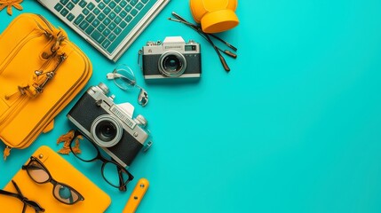 Vacation Planning Essentials, A vibrant workspace featuring a computer displaying a calendar, travel items scattered around, inviting exploration and organization for upcoming trips