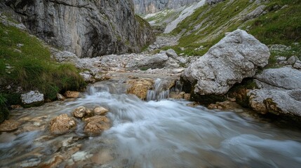 A gently flowing stream in the Dolomites, Italy, with rugged cliffs and plenty of room for copy