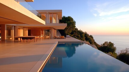 Fototapeta premium Stylish European beach house with a sleek copy floor and an infinity pool blending into the horizon.