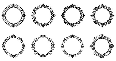 Set of abstract round frames. Various black ornate frame isolated on white background. Vector illustration