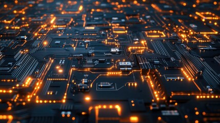 Top view of a circuit board with glowing connections, with room for copy space.