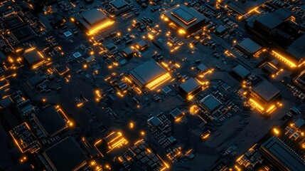 Top view of a circuit board with glowing connections, with room for copy space.