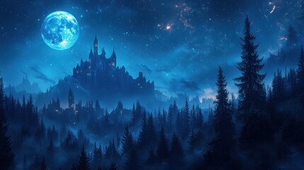 Naklejka premium A Silhouetted Castle Under a Blue Moon and Starry Night