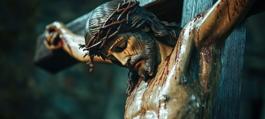 Wooden crucifix with a detailed depiction of Jesus Christ