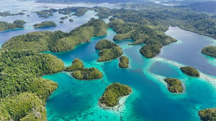 Aerial View of the Thousand Islands in the Togean National Park, Central Sulawesi, Indonesia. Similar to Piyanemo view in Raja Ampat. 