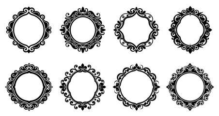 Obraz premium Set of abstract round frames. Various black ornate frame isolated on white background. Vector illustration