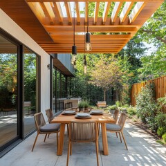 Fototapeta premium Sunlight Streams Through a Wooden Pergola onto a Patio Table Set with a View of Lush Greenery
