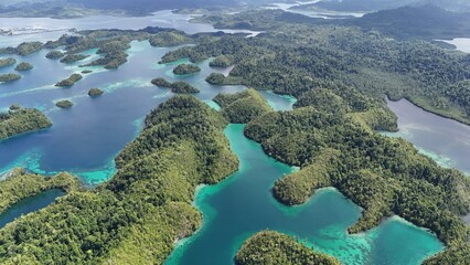 Aerial View of the Thousand Islands in the Togean National Park, Central Sulawesi, Indonesia. Similar to Piyanemo view in Raja Ampat. 