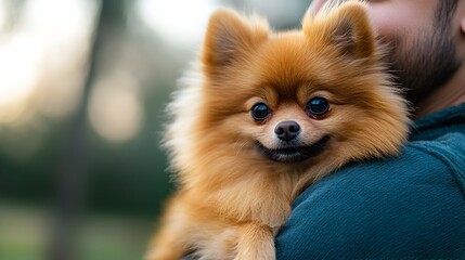 Cheerful Pomeranian Being Held by Its Content Owner in Cozy Indoor Setting with Ample Copy Space for Text or Graphic Overlay