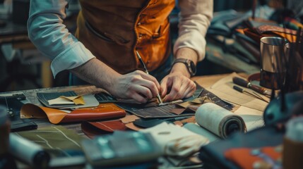Fototapeta premium Craftsman working on leather goods in a workshop filled with tools and colorful materials during the morning light