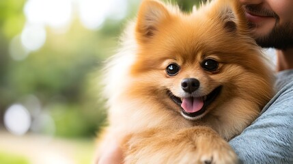 Adorable and fluffy Pomeranian dog being lovingly held by its owner in a cozy and inviting studio setting with a calm and content facial expression on the dog s face
