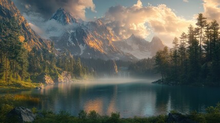 Majestic Mountain Lake at Sunset.