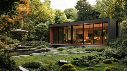 A modern garden house with large windows, set in a beautifully landscaped garden, with open space for copy