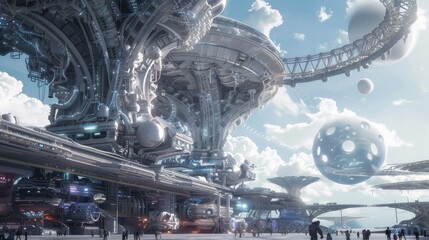 Futuristic Cityscape with Flying Ships.