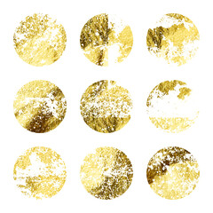 Grunge gold foil, shiny handmade circles. Golden glittering texture, pattern. Luxury shining hand drawn background. Wedding, greeting card decoration elements. Modern art. Vector illustration