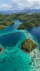 Tropical ocean lagoon with clear blue beautiful water and coral reef. Togean National Park, Central Sulawesi, Indonesia.