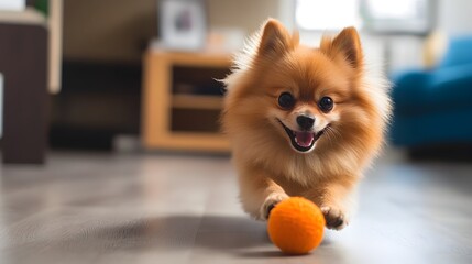 Energetic and playful Pomeranian puppy with a joyful expression ready to chase and catch its favorite toy leaving ample copyspace for text overlay or additional elements