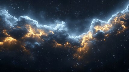A stunning cosmic view of swirling clouds illuminated by golden light.