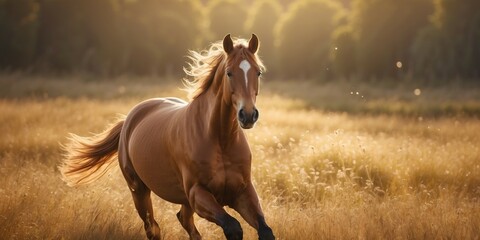 Fototapeta premium Golden Horse Running Through a Sunlit Meadow.