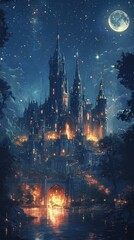 Naklejka premium A Majestic Stone Castle Illuminated by Moonlight and Lanterns