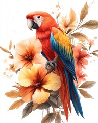 Obraz premium Scarlet macaw parrot surrounded by orange hibiscus flowers, set against a white background