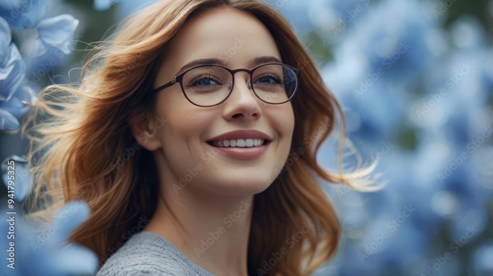 Wall mural woman with glasses smiling outdoors, blue petals drifting down, 4k, realistic