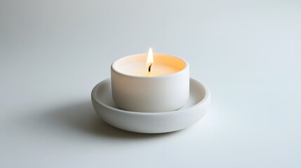 Minimalist Candle: A small, plain white candle in a minimalist holder, centered on a white background, with a faint shadow for depth.
