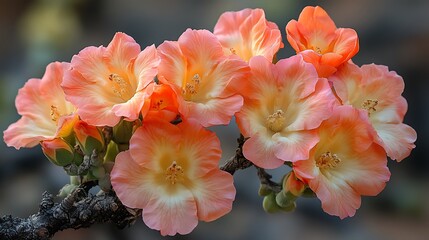 A cluster of delicate peach-colored flowers with yellow centers bloom on a branch.