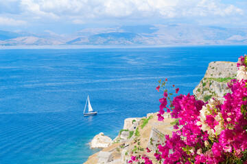 View of old town of Kerkyra with sea around, Corfu Greece