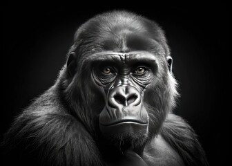 Fototapeta premium Lucid Shadow - Monochromatic silhouette, gorilla emerging from darkness, mysterious and contemplative