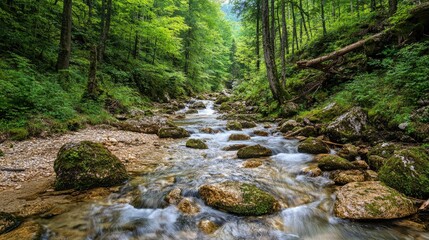 A picturesque stream in the Julian Alps, Slovenia, surrounded by dense forest with clear space for your message