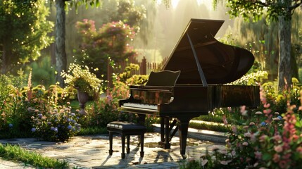 Decorative white Grand piano in the design of a wedding or a decor for a romantic dinner in the spring in a blooming tree garden