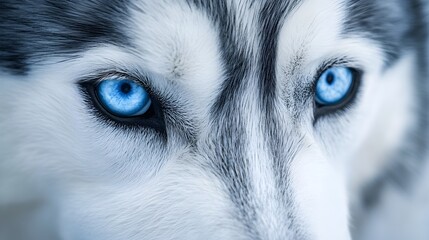 Captivating Blue Eyes of a Siberian Husky Commanding Attention   Close up portrait of a striking Siberian Husky with piercing blue eyes that exude power intelligence and a sense of mystery