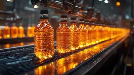 A close-up view of an automated juice bottling production line in a factory.