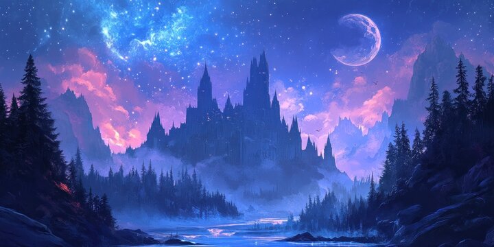 A Majestic Castle Nestled in a Fantasy Mountain Range Under a Starry Sky