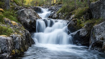 Fototapeta premium A picturesque waterfall flowing through a rocky landscape in Norway, with plenty of room for text