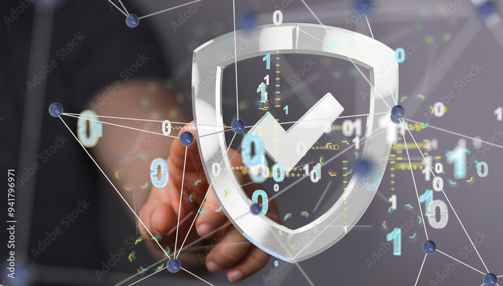 Poster Security Shield concept, data protection. Shield with dots and lines connectio