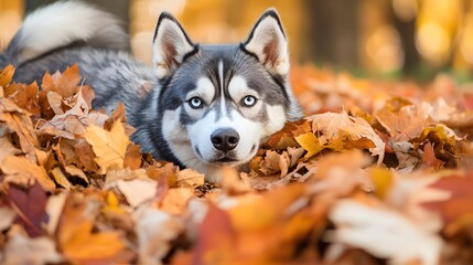 Lively Siberian Husky puppy playing excitedly in a vibrant pile of colorful autumn leaves with ample open space for text or design overlay