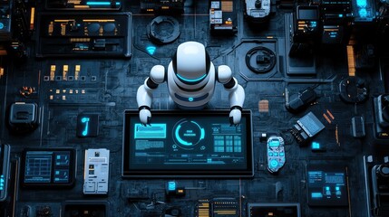 Fototapeta premium Top view of a robotic process automation (RPA) dashboard, with space for copy text.
