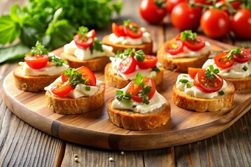 Fresh bruschetta with ripe tomatoes and basil on a rustic white plate, a delicious appetizer or light meal