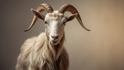 Goat with large horns in front of gold frame.