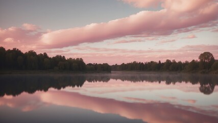 Obraz premium A serene landscape featuring pink clouds reflected in a calm water surface.
