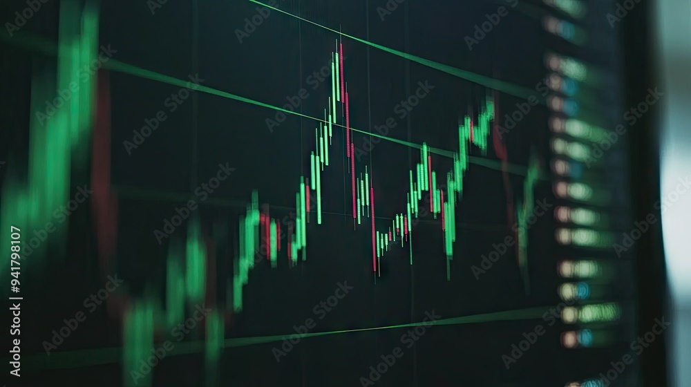 Wall mural close-up of a computer screen showing a dynamic financial graph with green and red candlesticks, sym