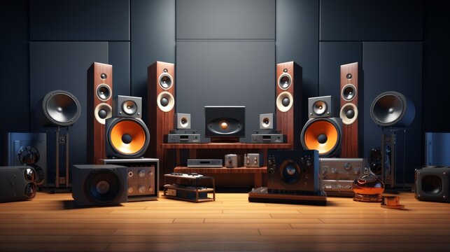 Home audio loudspeakers isolated on black background. Warm loud sound. Neural network ai generated art