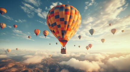 Fototapeta premium Colorful hot air balloons flying over mountain. Neural network ai generated art