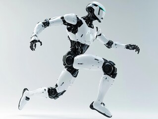 A full-body android robot captured mid-jump with legs bent and arms spread wide, isolated on a bright background
