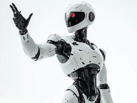 A full-body android robot standing with one arm raised as if giving a speech, the other hand gesturing in emphasis, isolated on a bright background